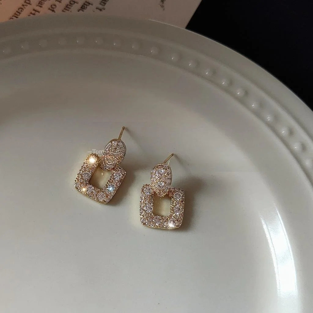 14K Plated Copper Square Geometric Micro Pave Zircon Stud Earrings Korean Style For Women