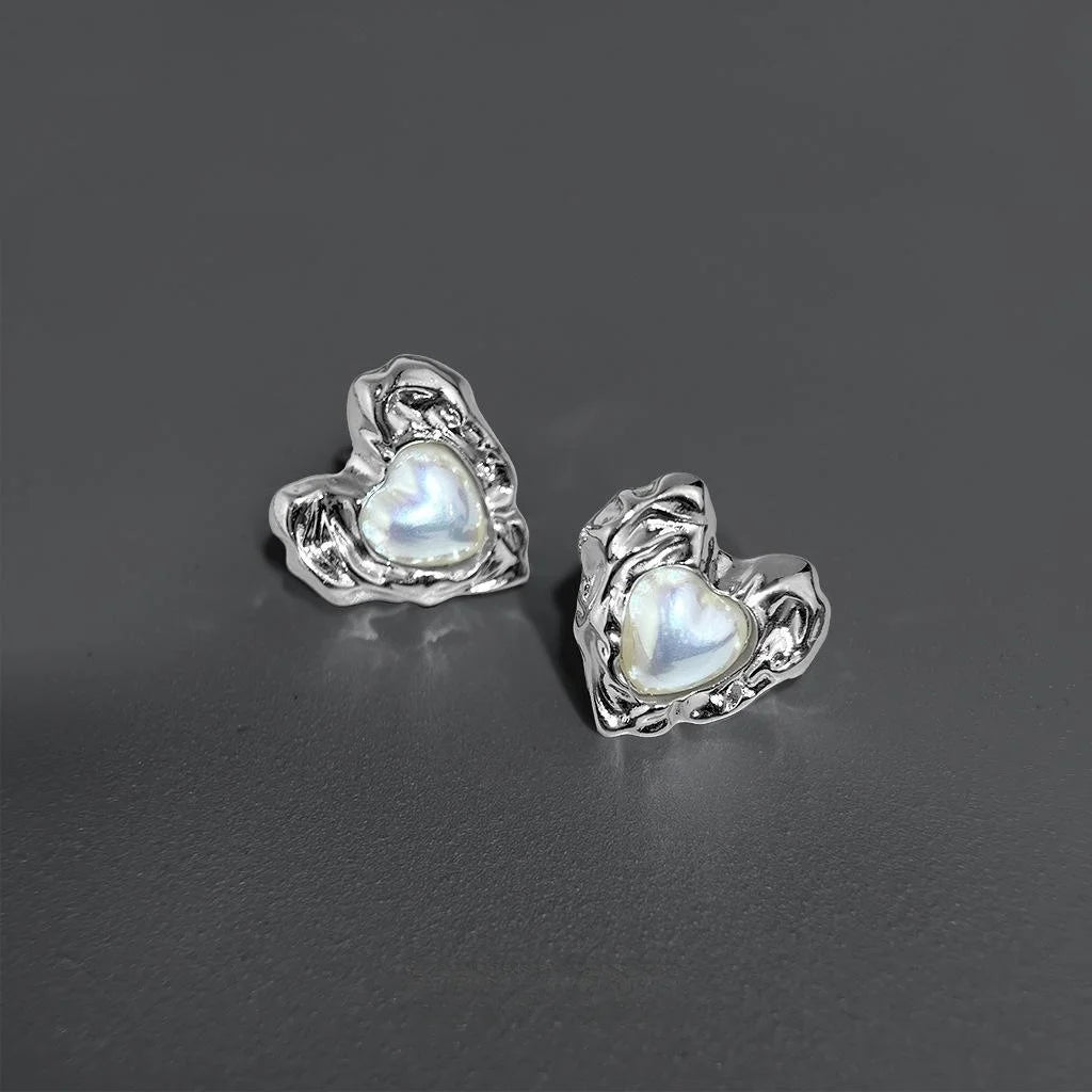 Minimalist Heart Synthetic Mabe Pearl Stud Earrings Copper Liquid Love Cool Style