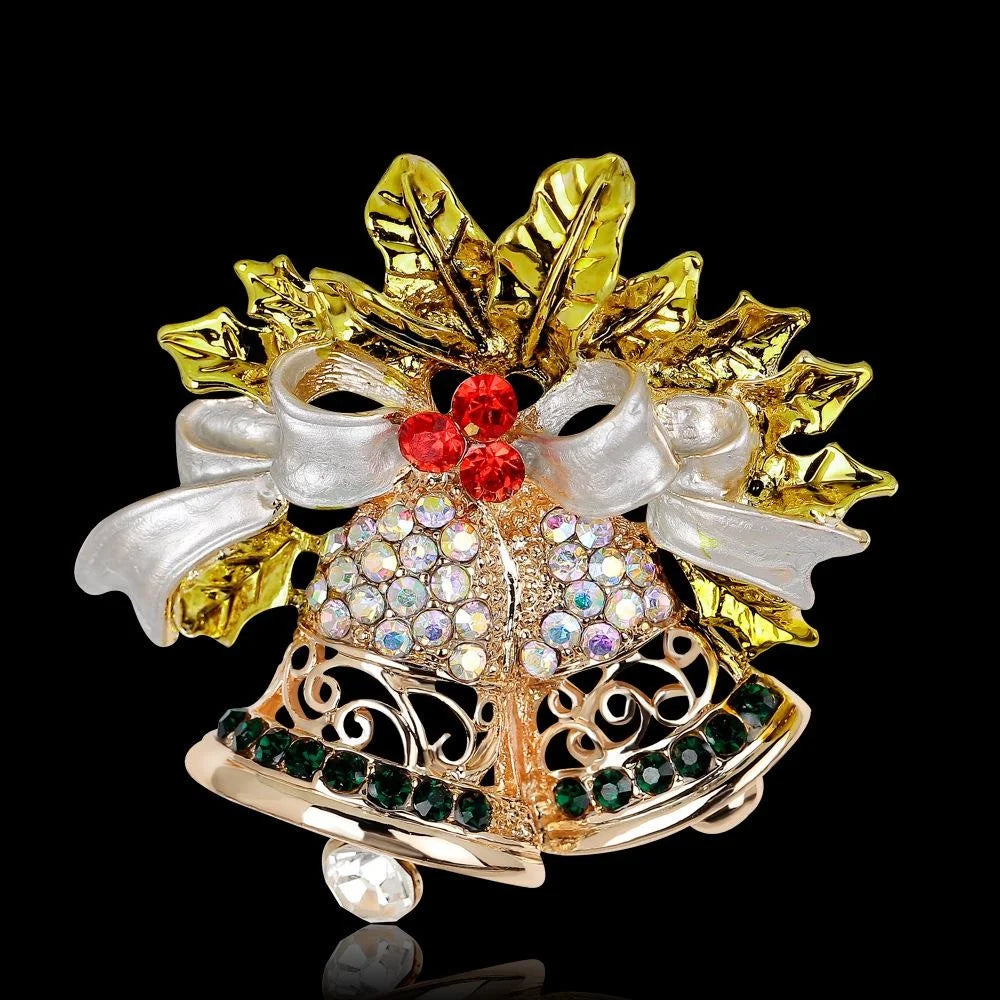 Luxury Christmas Bell Brooch With Pearl Bow, Rhinestone Holly Leaves, Elegant Lapel Pin Corsage Gift