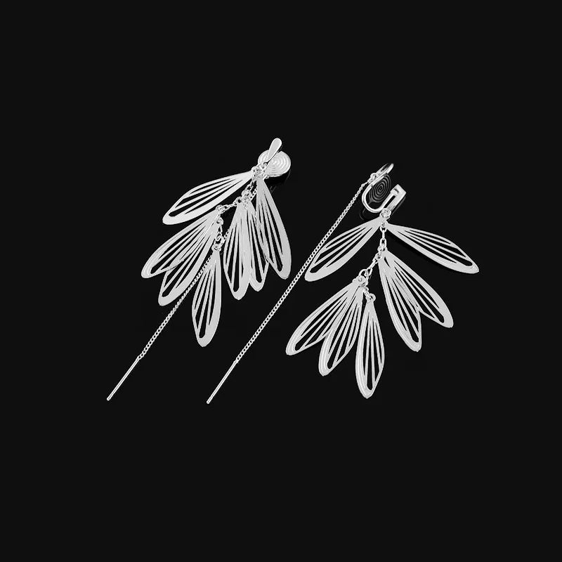 Elegant Silver Alloy Wing Feather Tassel Threader Stud & Clip On No Piercing Long Face Slimming Earrings