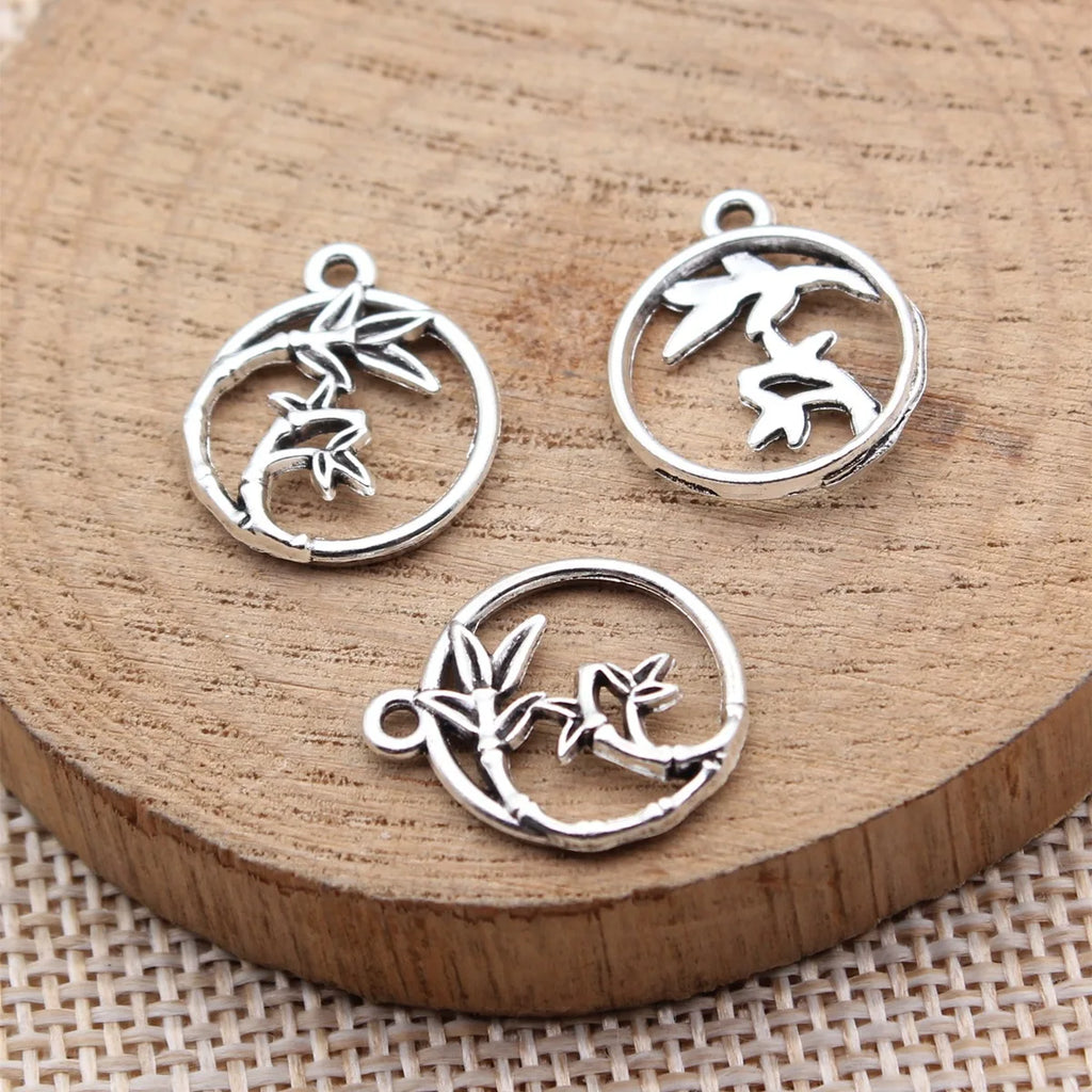 17x15mm 0.77g Antique Silver Zinc Alloy Bamboo Round Charm Pendant for Necklace Bracelet DIY Jewelry