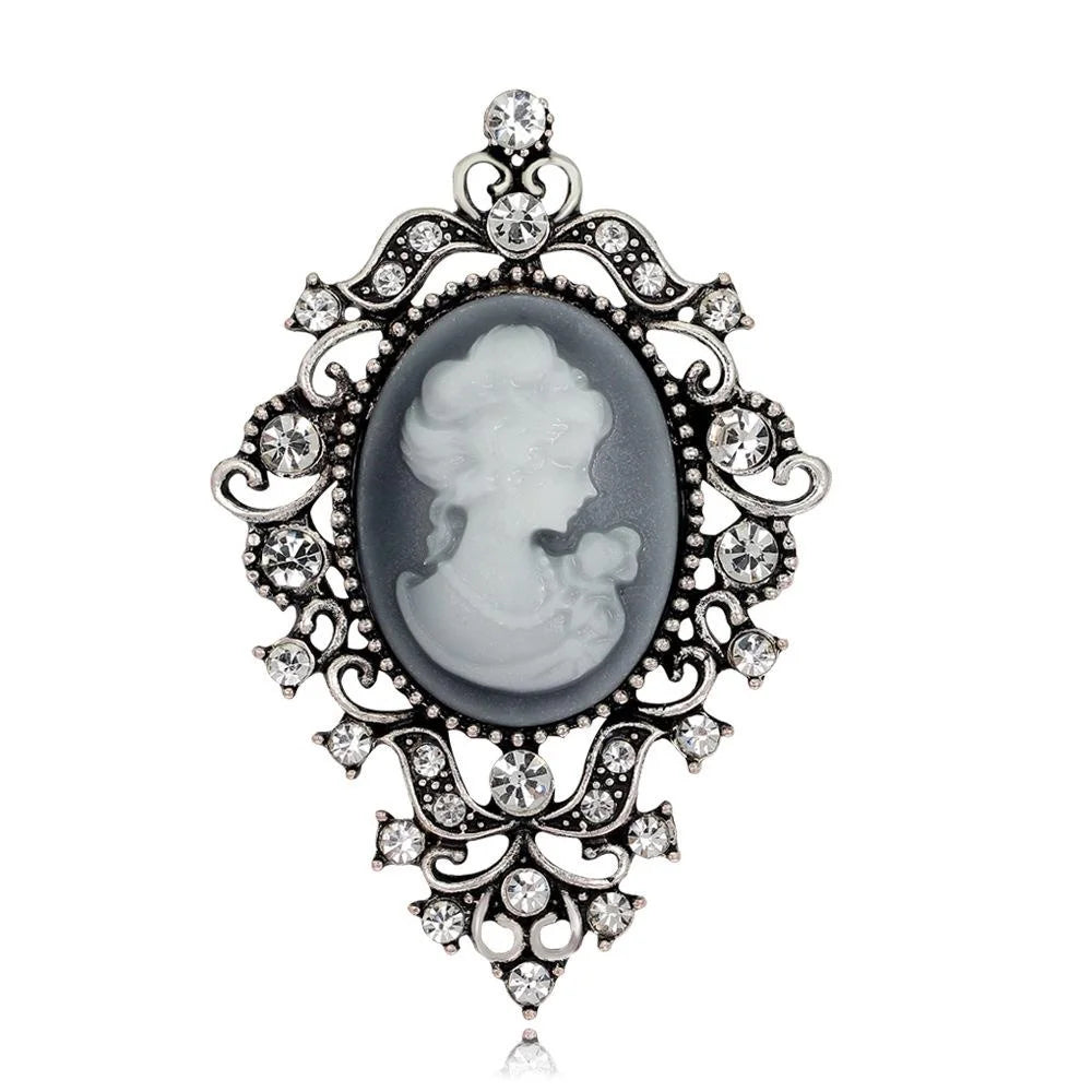 Vintage Lady Portrait Cameo Brooch With Gold Alloy Filigree Rhinestone Crystal Lapel Pin Suit Accessory Gift