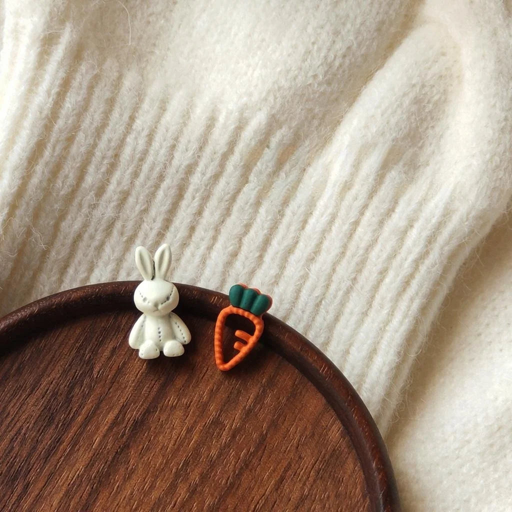 Cute Alloy Enamel Rabbit Carrot Asymmetric Stud Earrings For Women Korean Style