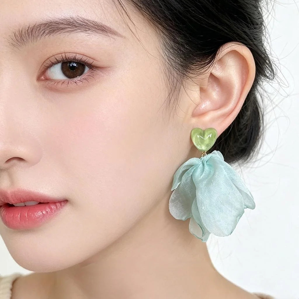Mint Green Handmade Fabric Lace Floral Heart Drop Earrings Sweet Fresh Forest Style