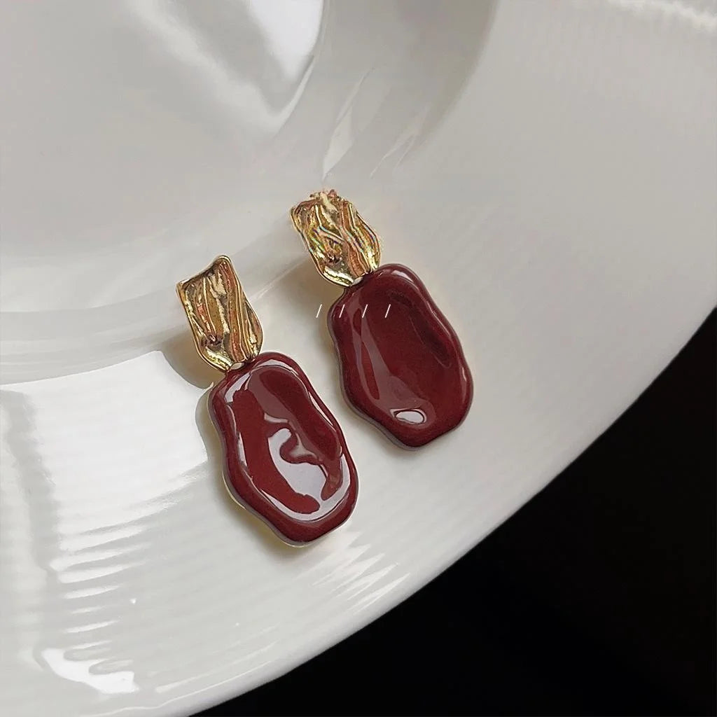 14K Plated Copper Burgundy Enamel Irregular Geometric Hong Kong Vintage Drop Earrings