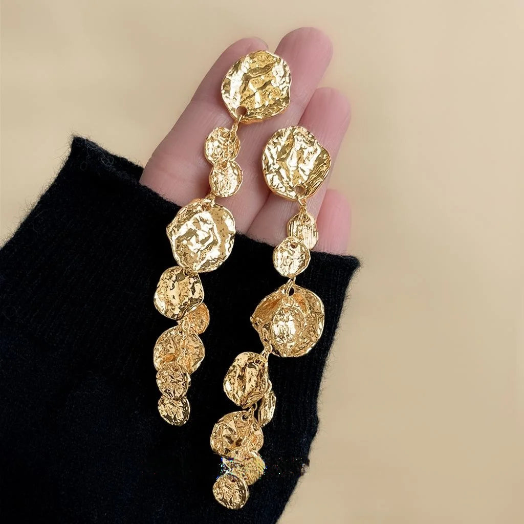 14K Gold Plated Floral Petal Tassel Drop Earrings, Luxury Statement Style