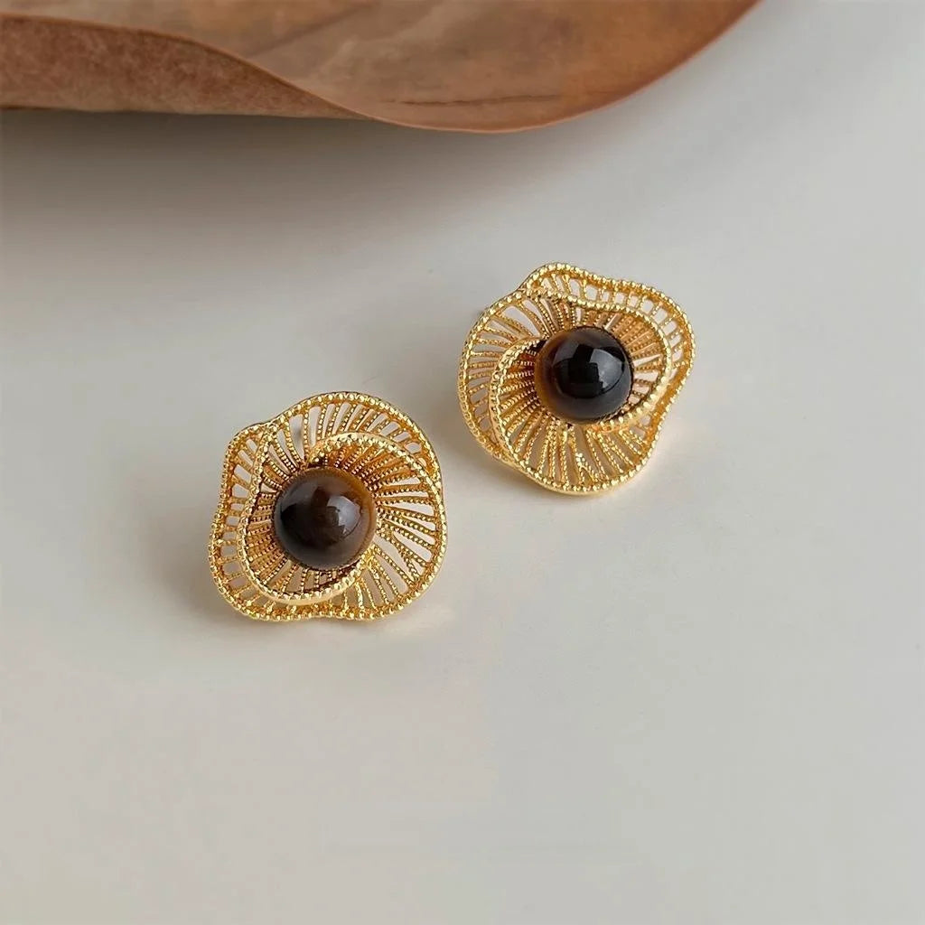 Maillard Style Vintage Tiger Eye Stone Geometric Hollow Flower Drop Earrings