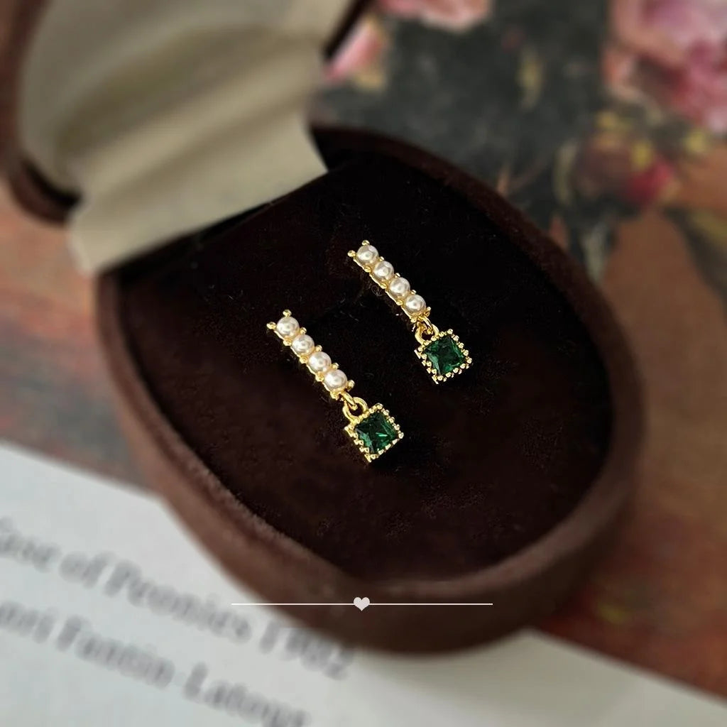 Mini Vintage Geometric Pearl Emerald Stud Earrings 14K Plated Copper Micro Pave Zircon Jewelry
