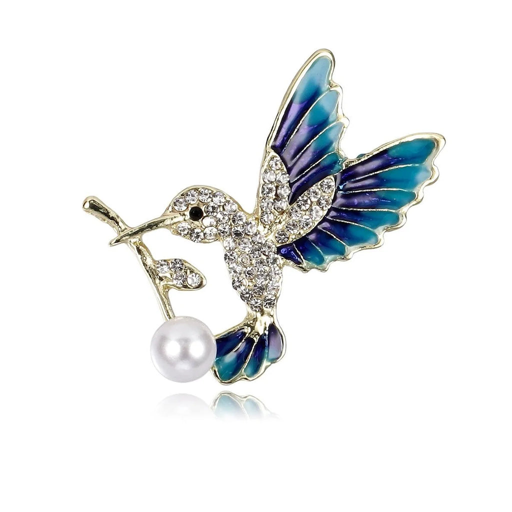 Elegant Enamel Hummingbird Brooch With Rhinestones And Pearl Charm, Luxury Lapel Pin Corsage Gift