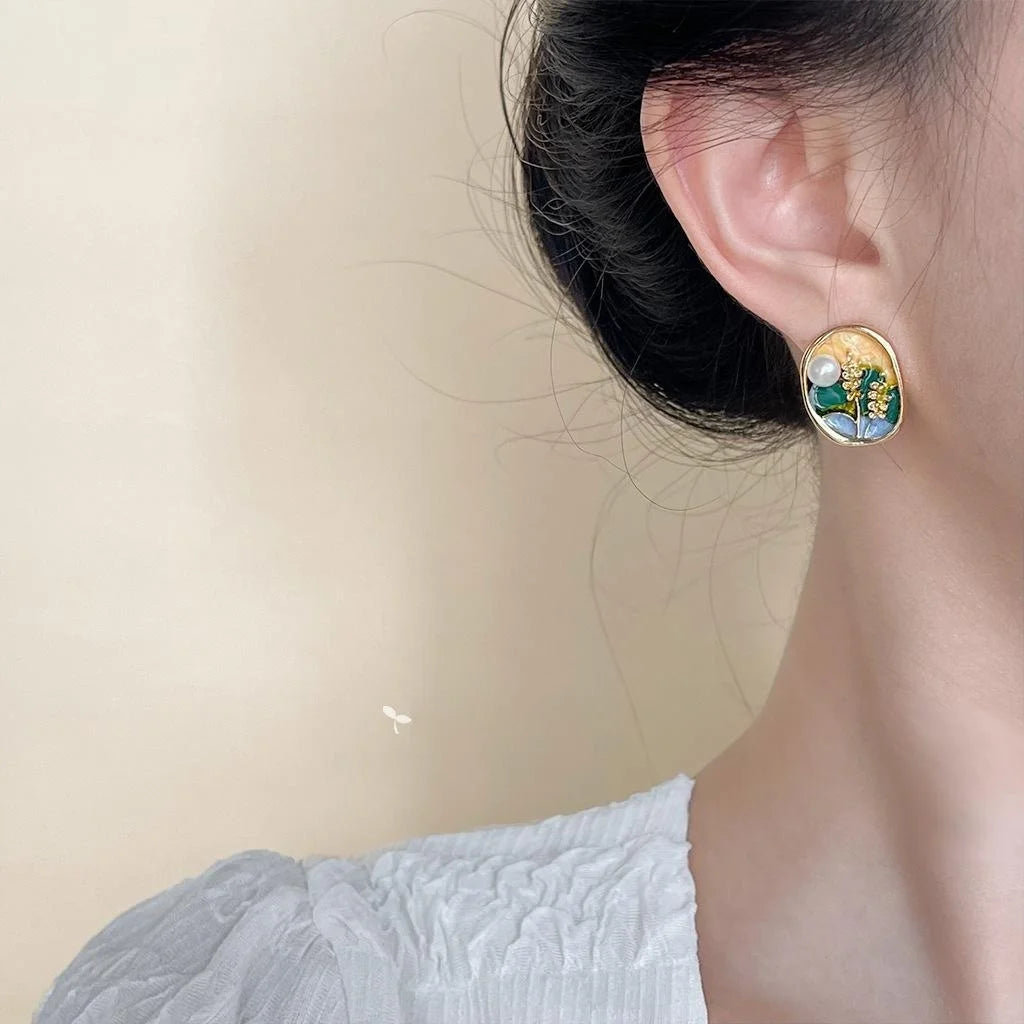 14K Gold Plated Copper Freshwater Pearl Stud Earrings French Vintage Irregular Floral Wheat