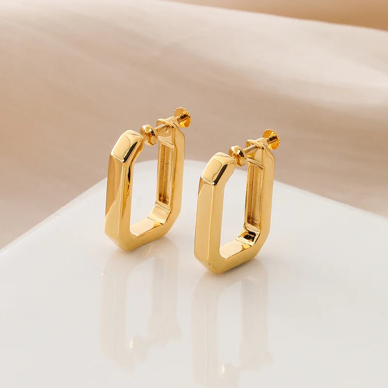 Elegant Geometric Square Gold Alloy Hoop Stud & Clip On No Piercing Screw Back Women's Earrings