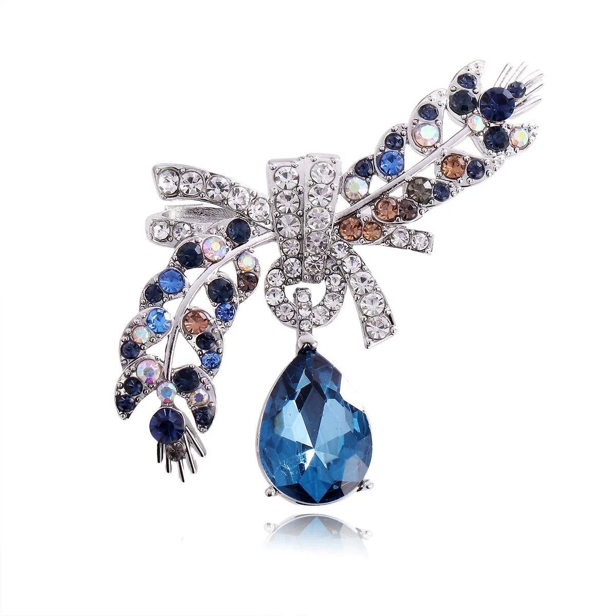 Elegant Rhinestone Bow And Wheat Ear Brooch With Blue Teardrop Crystal Lapel Pin Corsage Gift