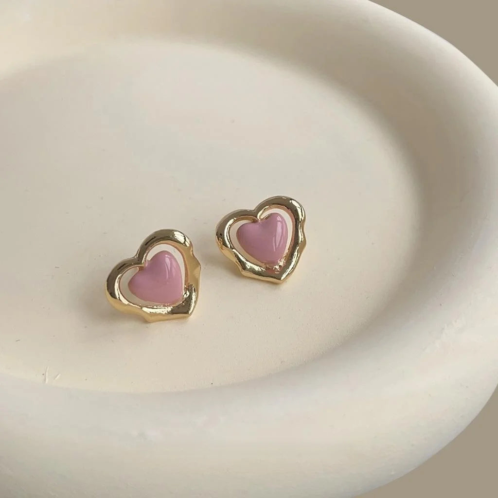Sweet Pink Blue Hollow Heart Copper Stud Earrings For Women Mini Cute Daily Student Jewelry
