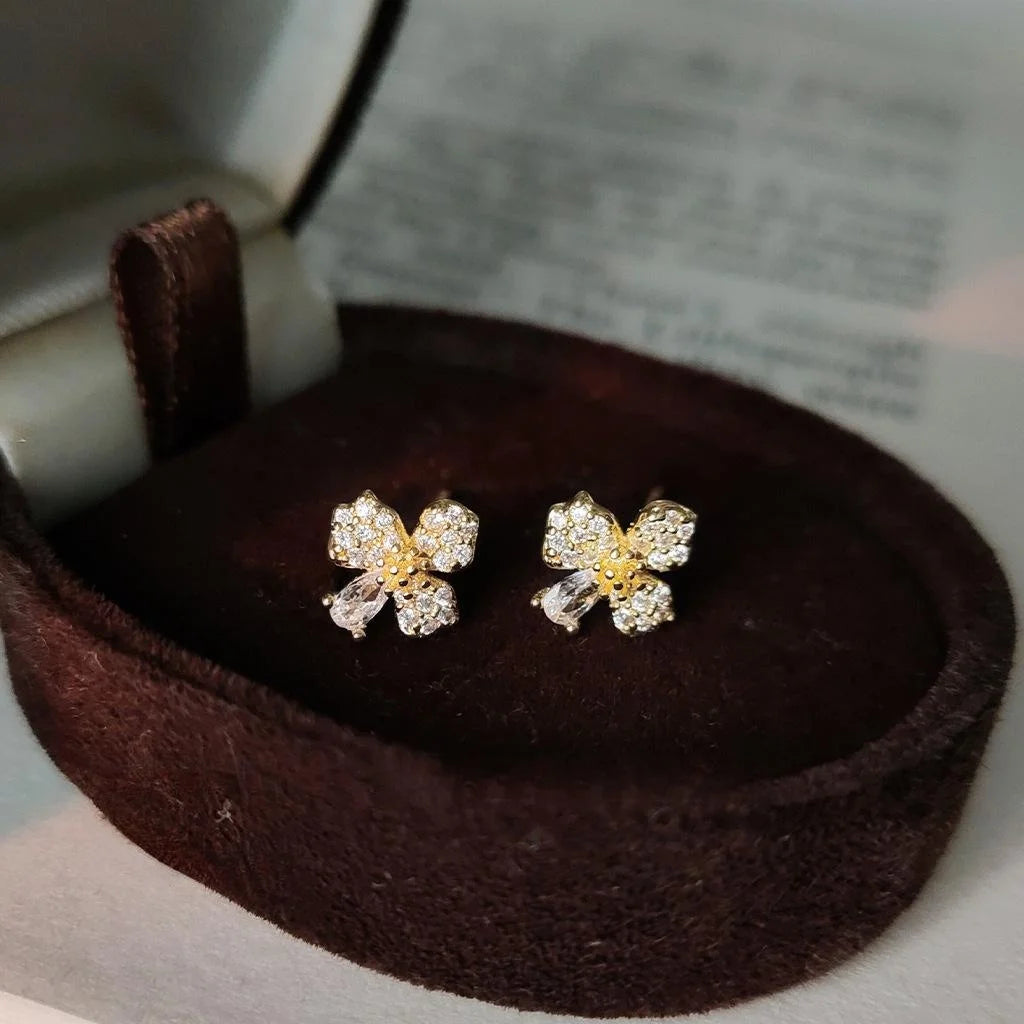 Mini 14K Plated Copper Flower Stud Earrings With Micro Pave Zircon Petal Minimalist Style