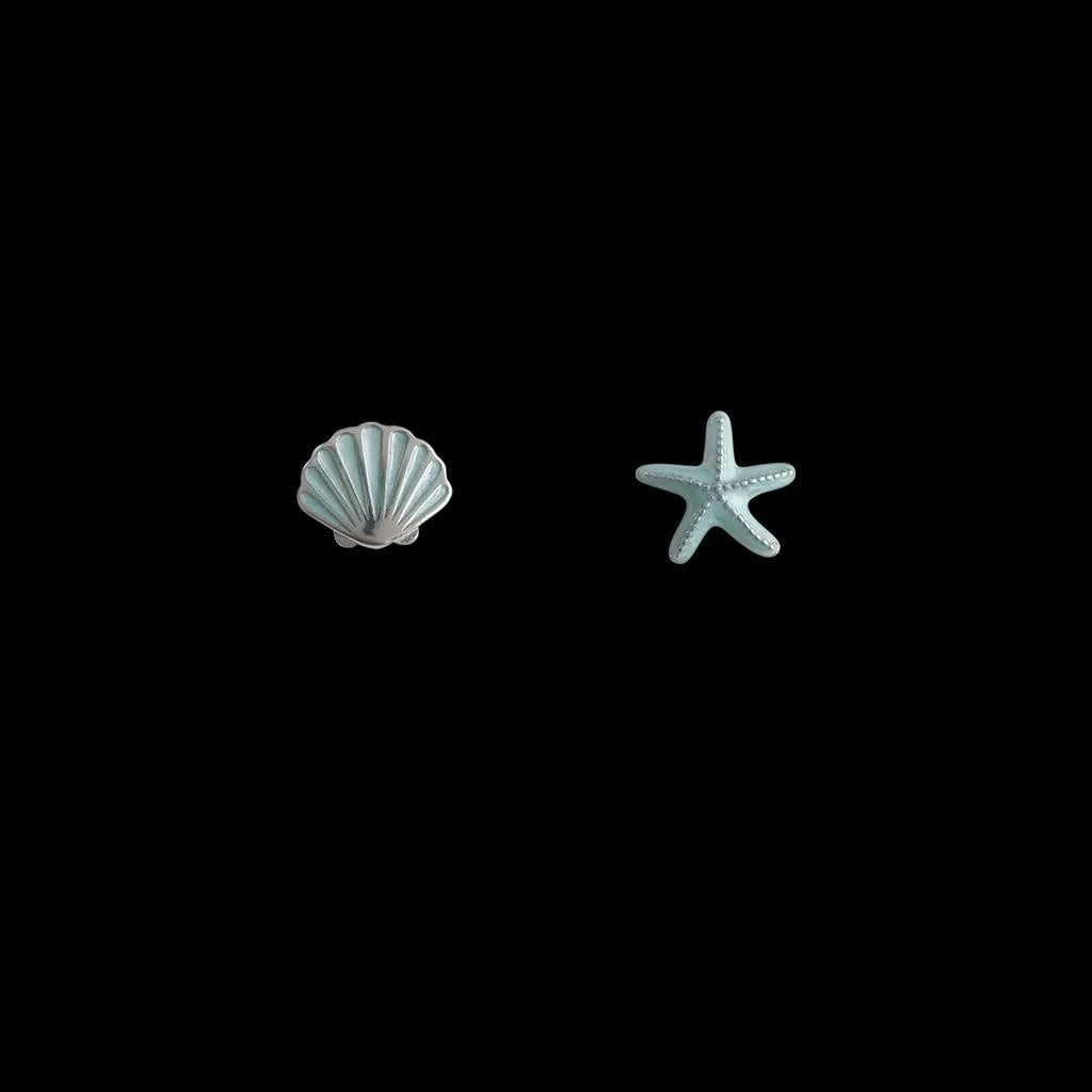 Mini Asymmetric Starfish Shell Copper Stud Earrings, Cute Silver Plated Minimalist Jewelry