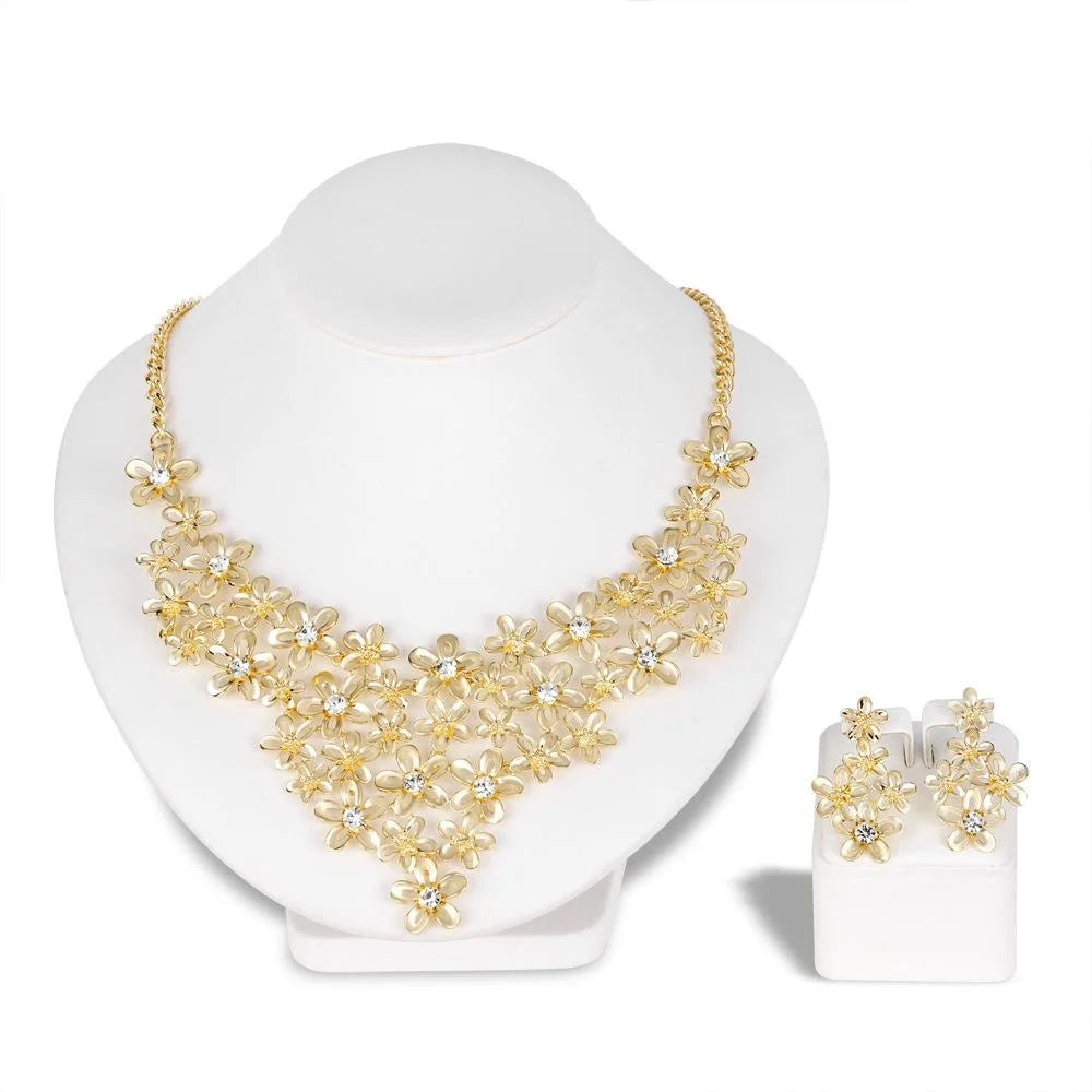 Elegant Gold Alloy Floral Rhinestone Necklace Earrings Jewelry Set For Wedding Party Banquet Gift