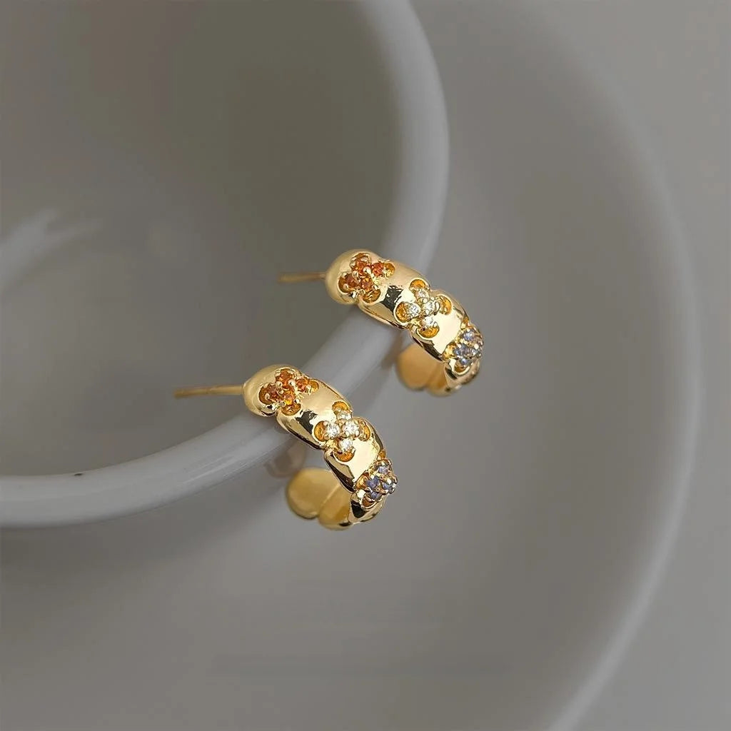 Elegant Geometric Zircon Copper Drop Earrings, Light Luxury Floral Style