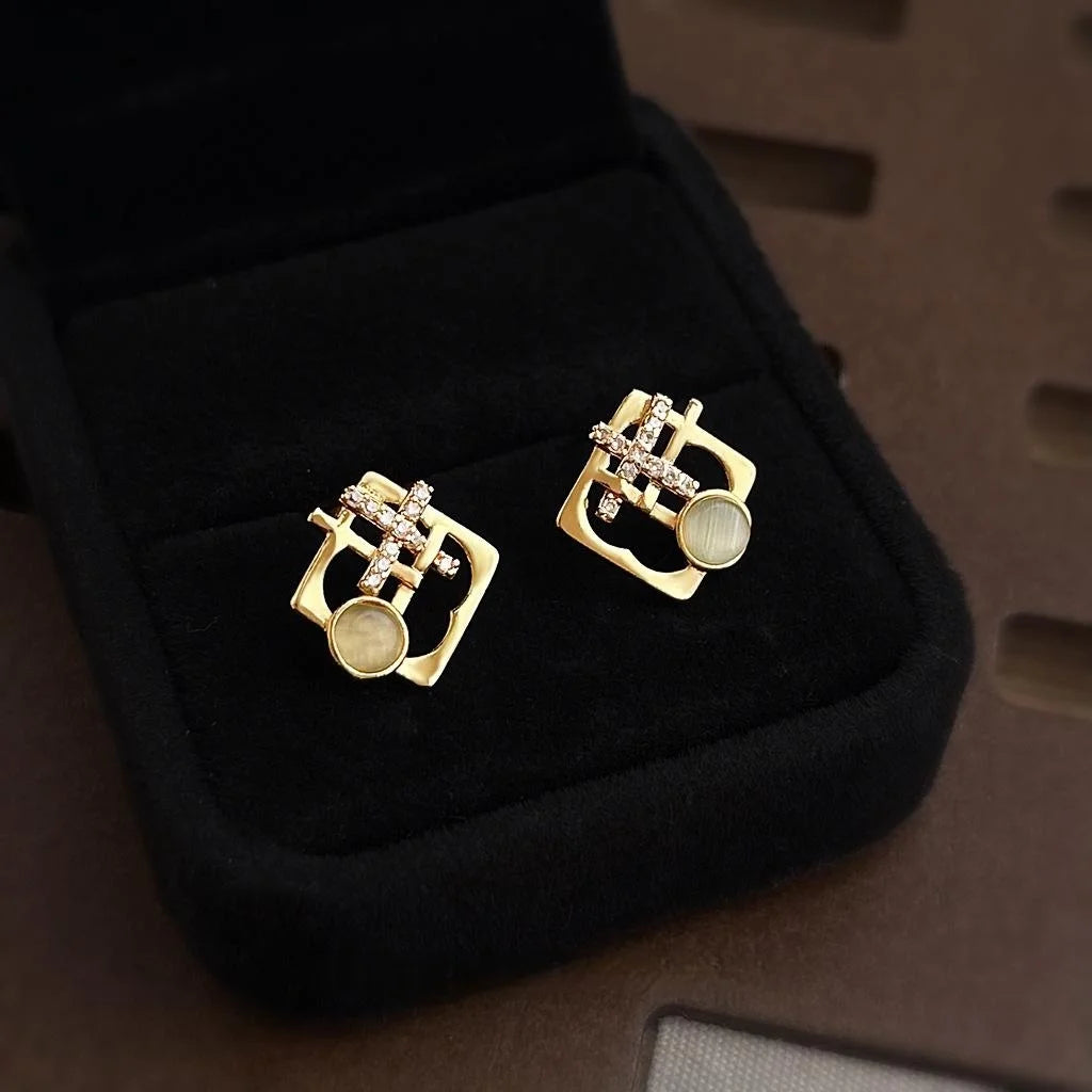 Light Luxury Geometric Glass Cat Eye Micro Pave Zircon Copper Stud Earrings