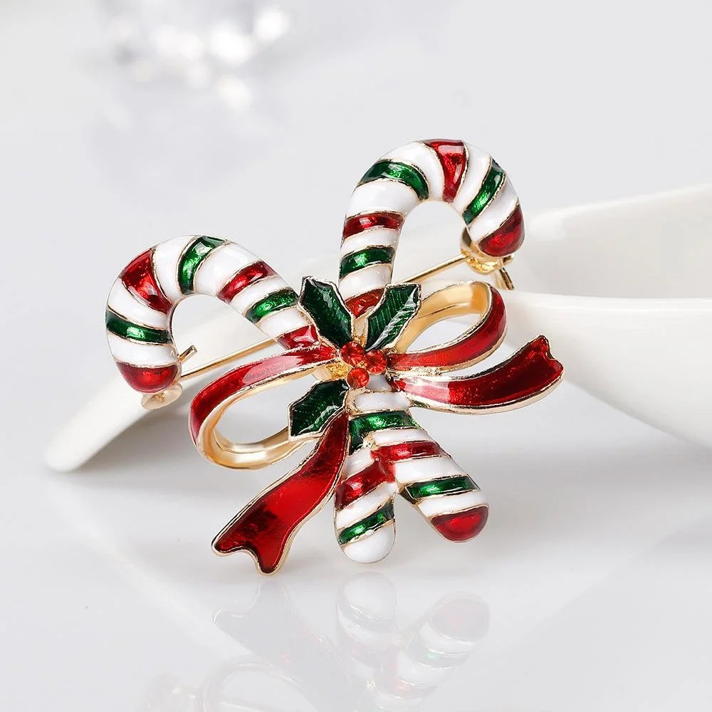 Elegant Christmas Double Candy Cane Enamel Brooch With Rhinestone Holly, Festive Lapel Pin Corsage Gift