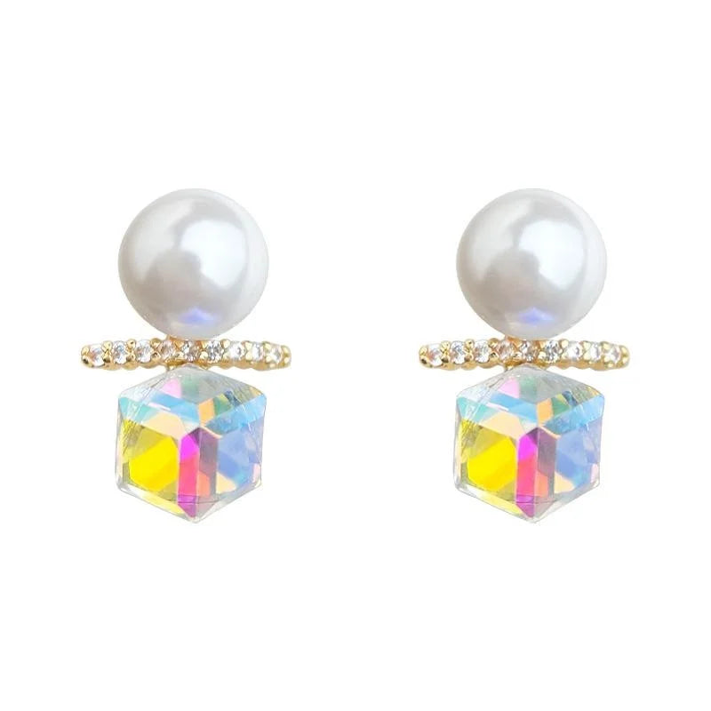 Sweet Geometric Balance Bar Stud Earrings With Glass Pearl Micro Pave Zircon 14K Plated Copper