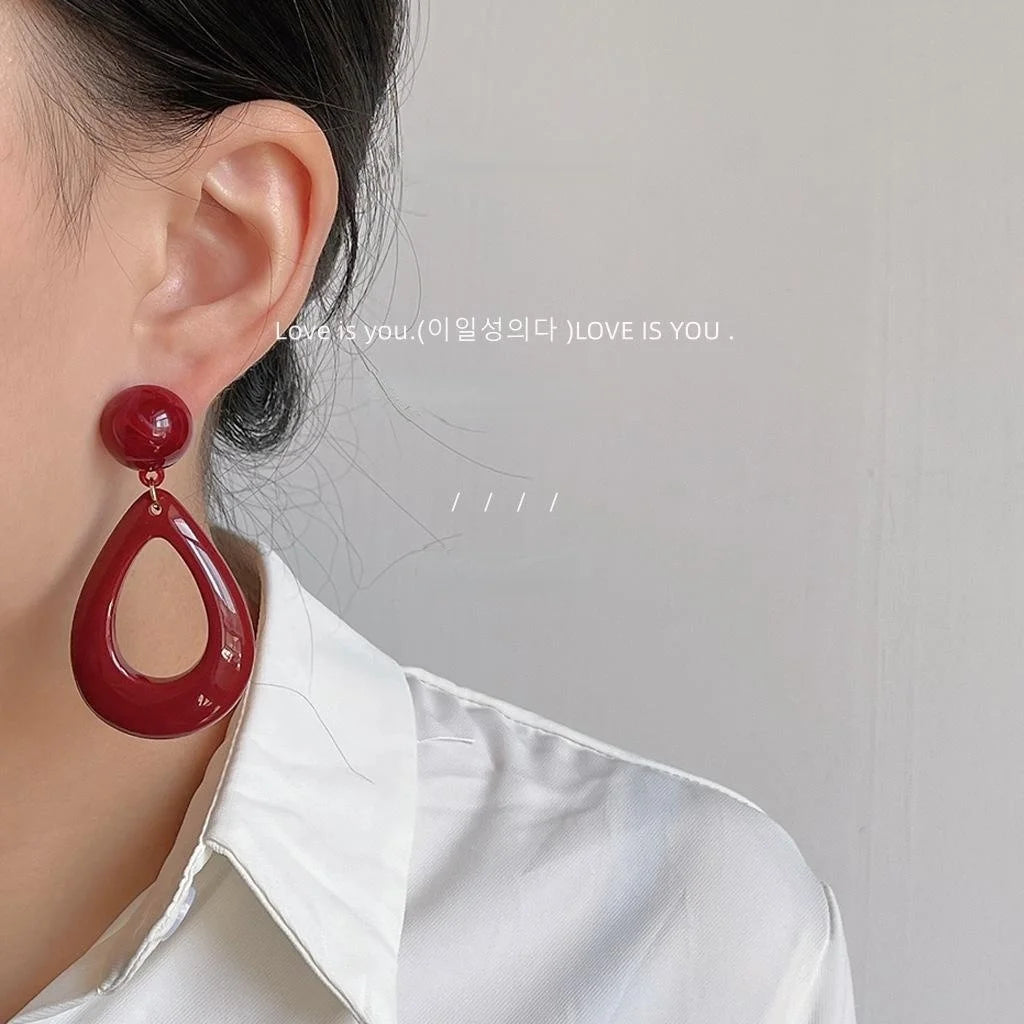 Burgundy Acrylic Waterdrop Stud Earrings Silver Plated Pin French Retro Hong Kong Style Jewelry