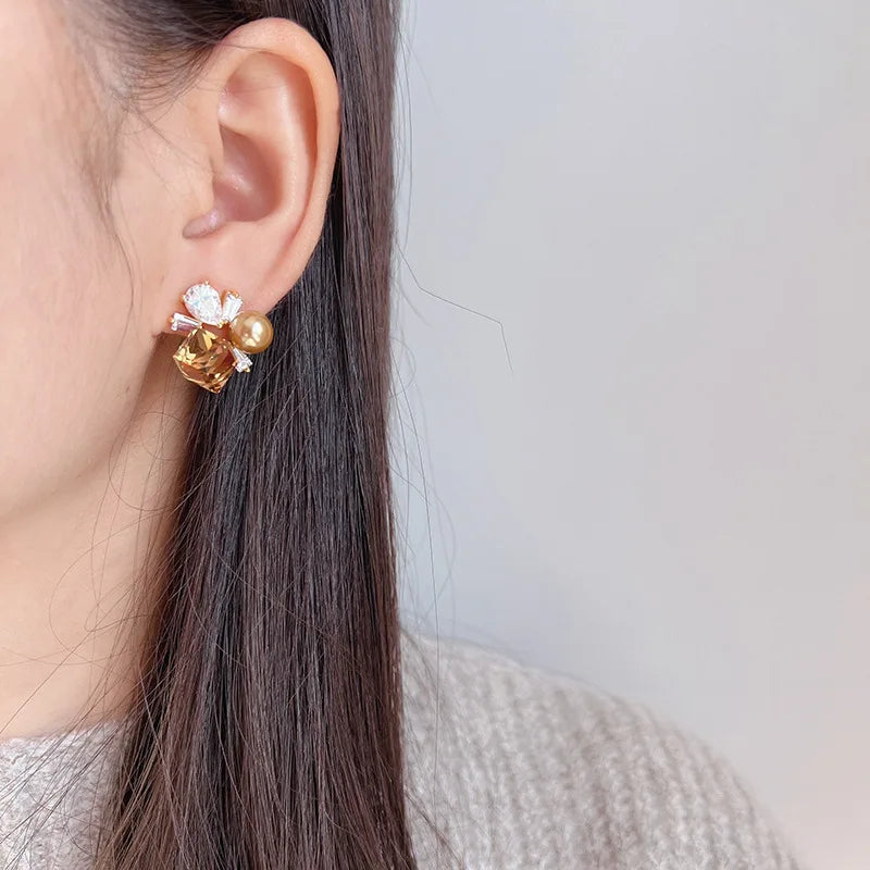 Elegant Brown Sugar Cube Crystal Pearl Rhinestone Geometric Stud & Clip On No Piercing Earrings