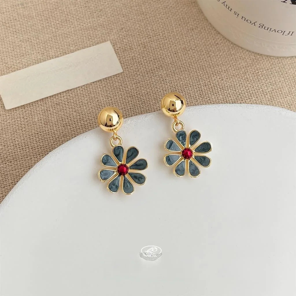 Gold Plated Copper Haze Blue Enamel Flower Petal Drop Earrings For Women Elegant Minimalist Office Jewelry