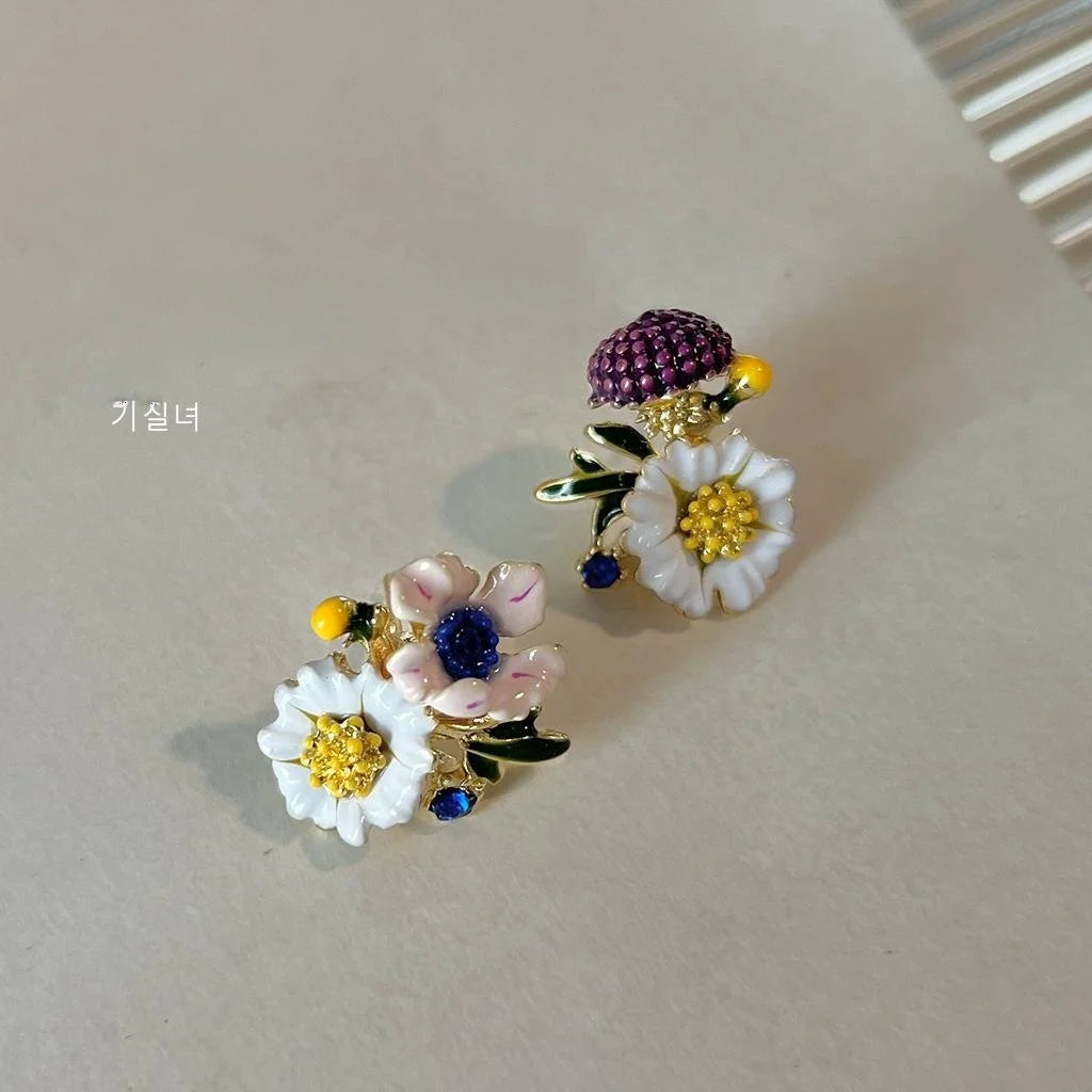 Vintage Enamel Glazed Flower Stud Earrings 14K Plated Copper Asymmetric Forest Style Jewelry