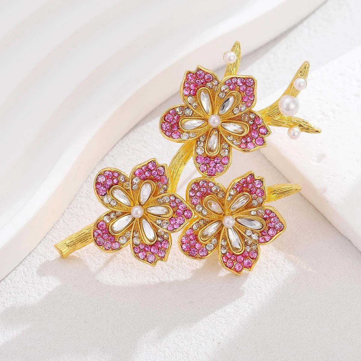 Elegant Gold Alloy Floral Brooch With Pink Rhinestones And Faux Pearls, Luxury Lapel Pin Corsage Gift