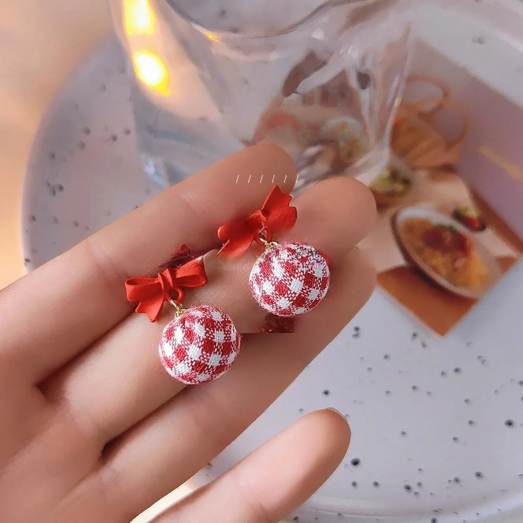 Japanese Korean Sweet Red Bow Plaid Pom Pom Stud Earrings With Silver Plated Pins