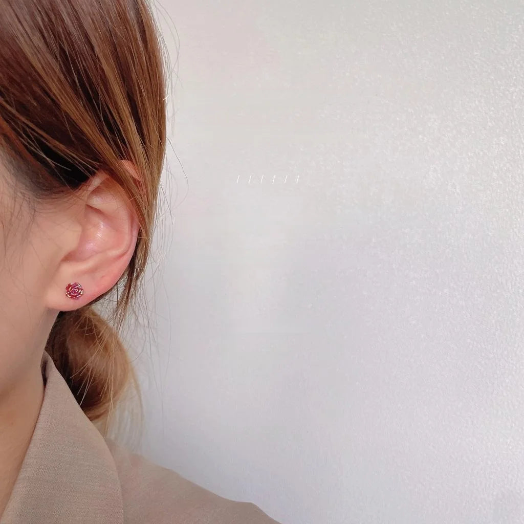 Mini Red Rose Resin Stud Earrings For Women Silver Plated Pin Simple Korean Style