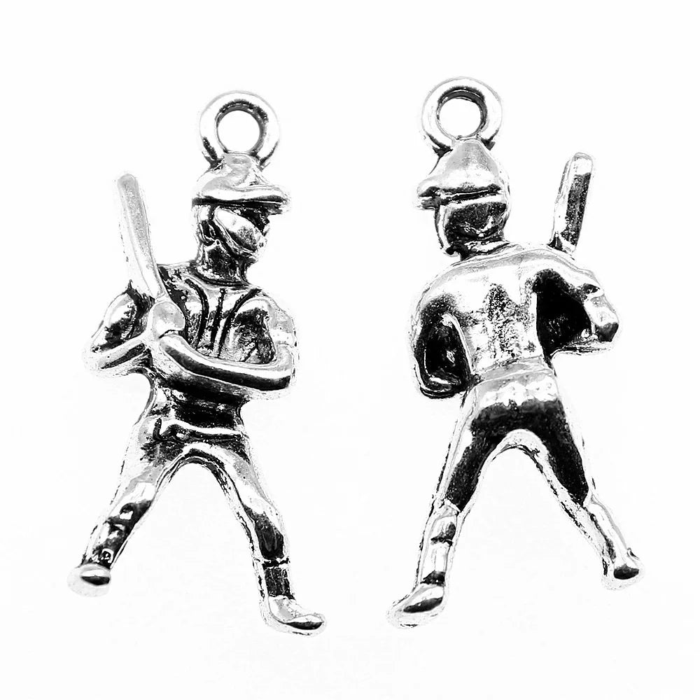 25x12mm 1.9g Antique Silver Zinc Alloy Baseball Player Charm Pendant for DIY Sports Jewelry Making