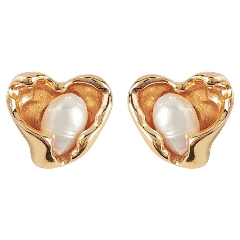 Luxury Irregular Freshwater Pearl 14K Gold Plated Heart Stud Earrings for Women