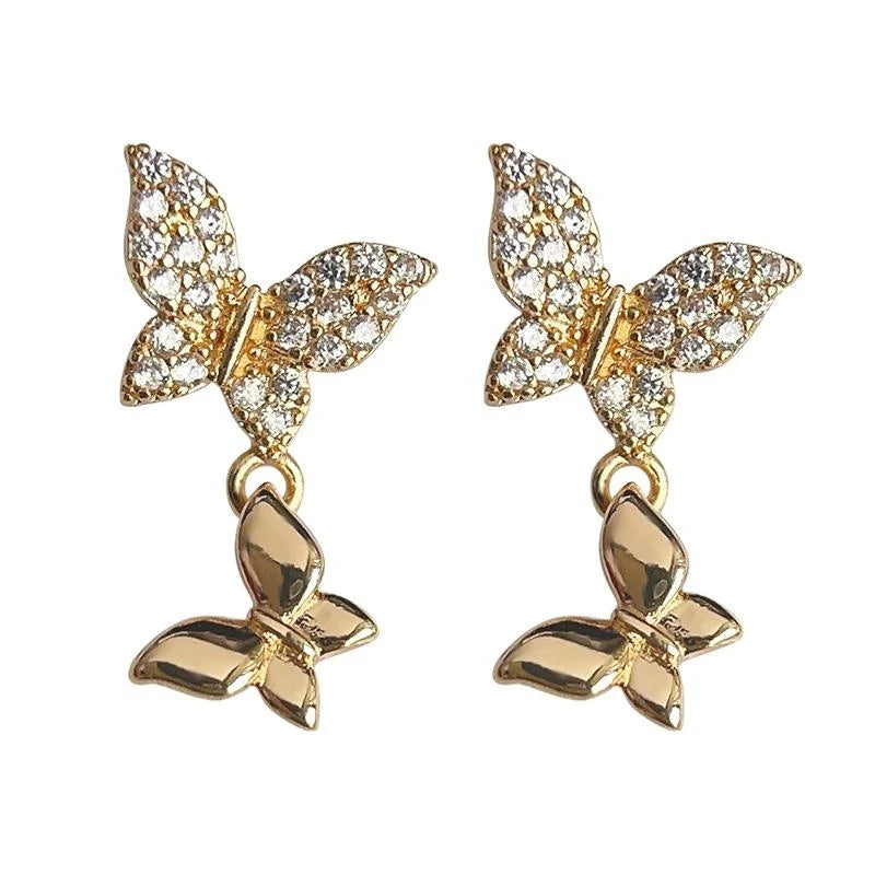 Elegant Copper Micro Pave Zircon Butterfly Stud Earrings, Minimalist Sweet Animal Jewelry