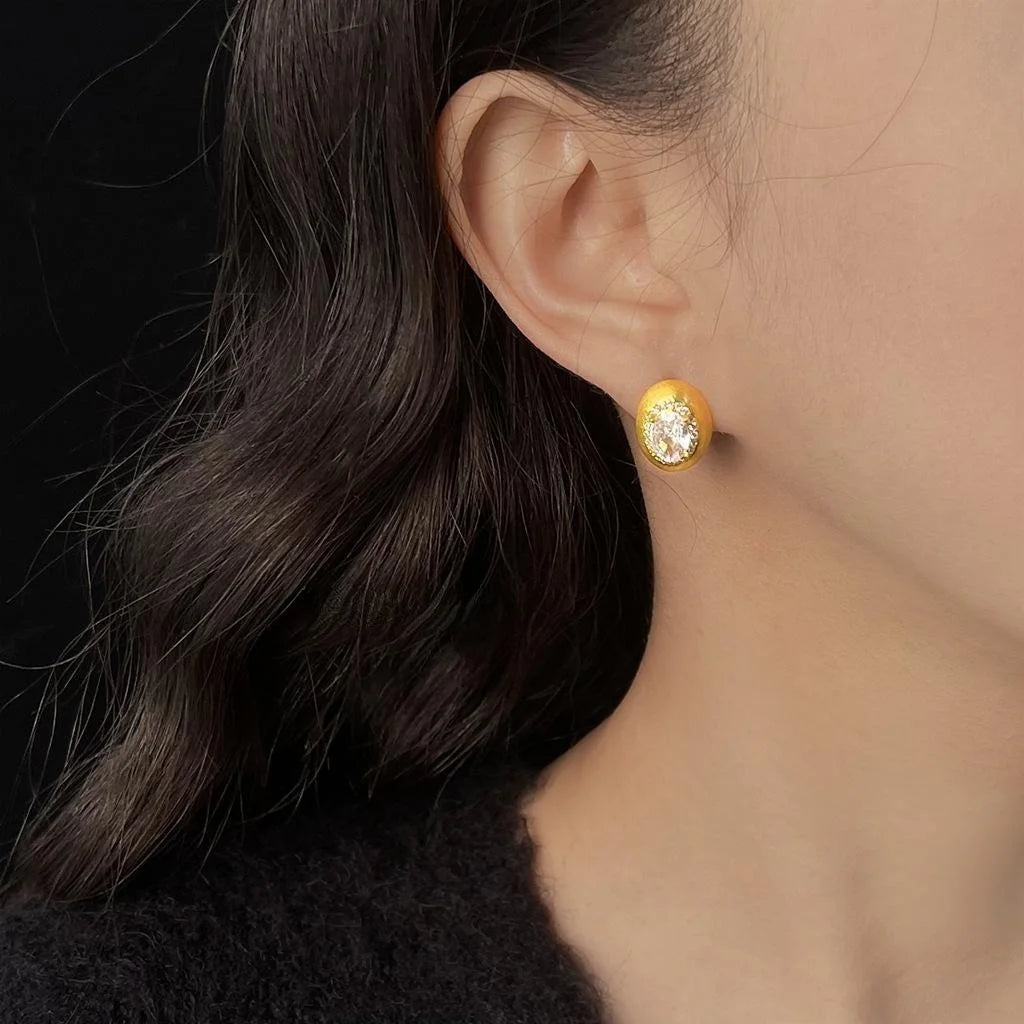 14K Gold Plated Copper Oval Geometric Micro Pave Zircon Stud Earrings, Brushed Light Luxury