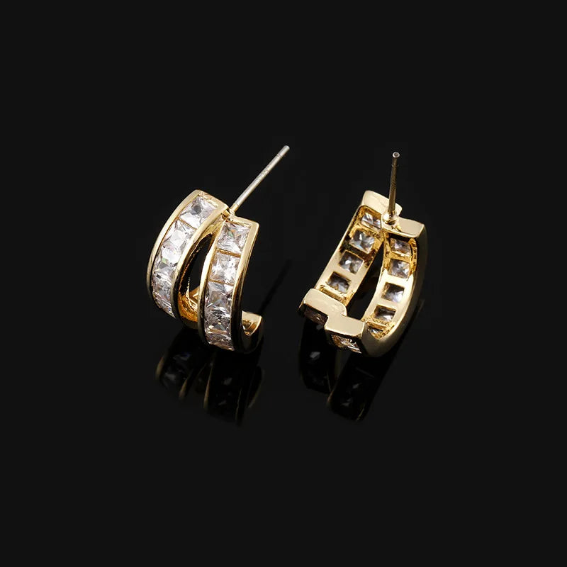 Elegant Geometric Square Zircon Hoop Stud & Clip On No Piercing Gold Alloy Huggie Earrings