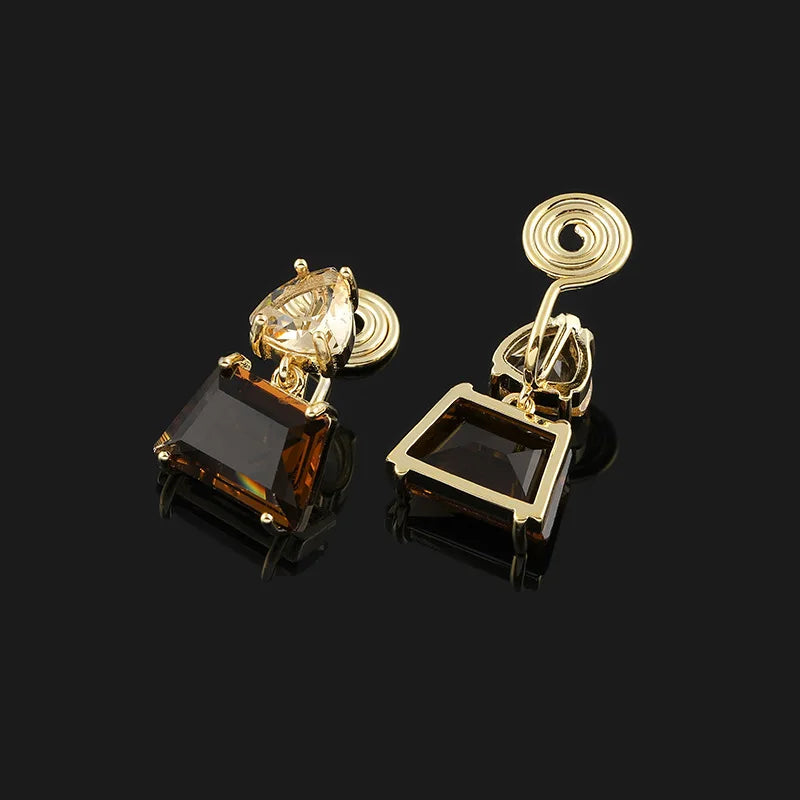 Vintage Luxury Geometric Tea Brown Crystal Alloy Drop Stud & Clip On No Piercing Dangle Earrings