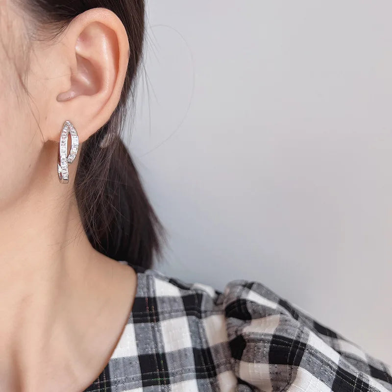Luxury Irregular Double Cross Hoop Zircon Stud & Clip On No Piercing Women's Fashion Earrings