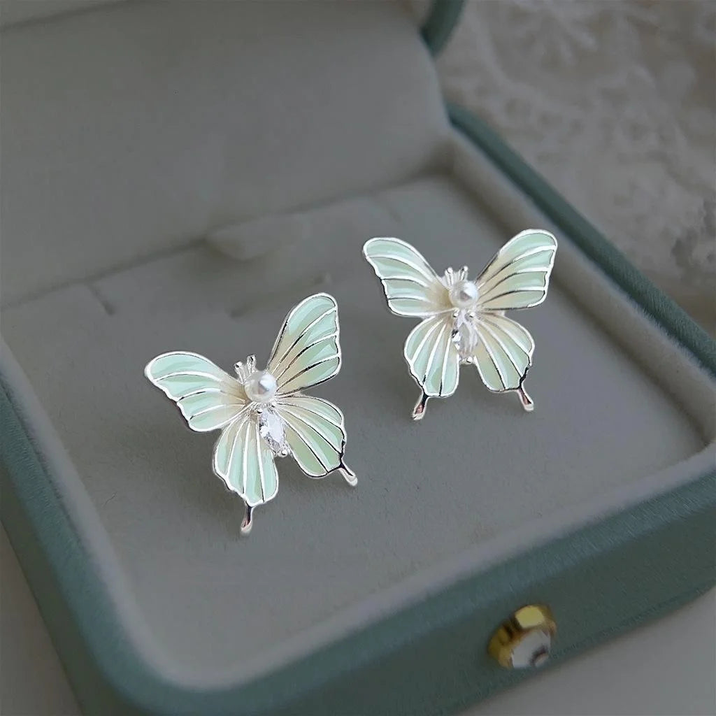 Sweet Forest Style Mint Green Enamel Hand Painted Butterfly Copper Drop Earrings
