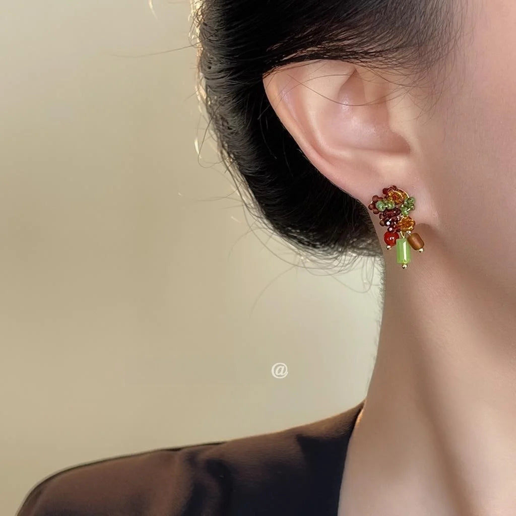 Boho Ethnic Floral Geometric Red Agate Glass Crystal Seed Bead Handwoven Drop Earrings
