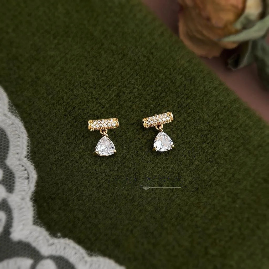 Micro Pave Zircon Geometric Balance Beam Heart Bell Stud Earrings Copper Minimalist