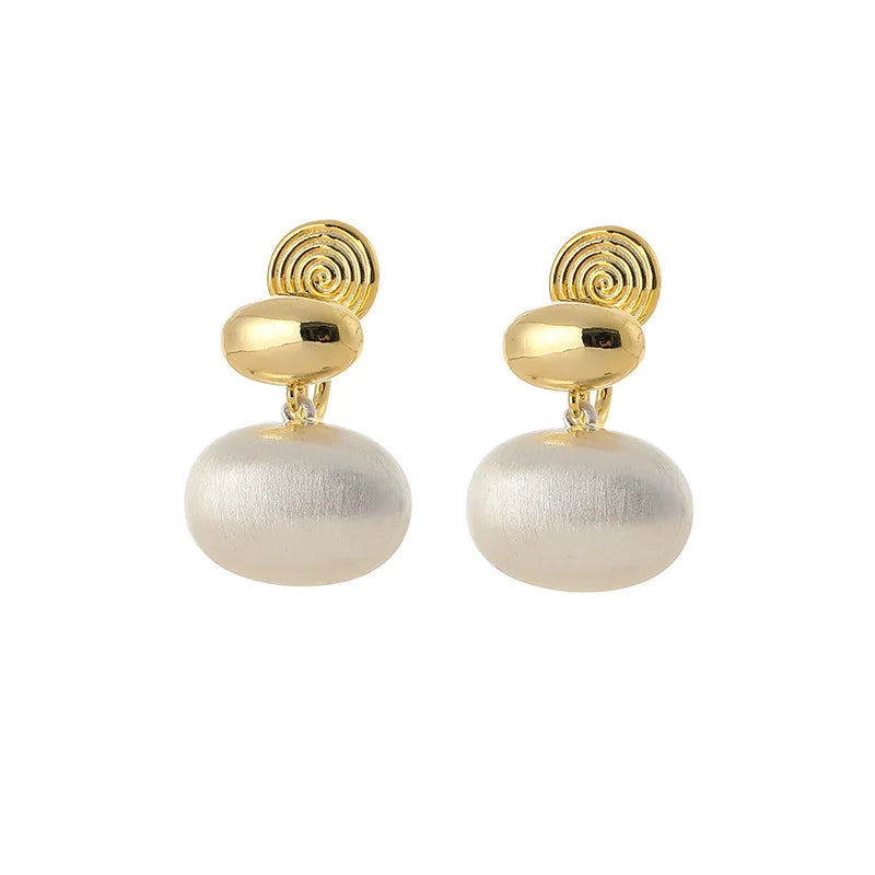 Elegant Gold Silver Two Tone Alloy Oval Bean Metal Ball Spiral Stud & Clip On No Piercing Dangle Drop Earrings