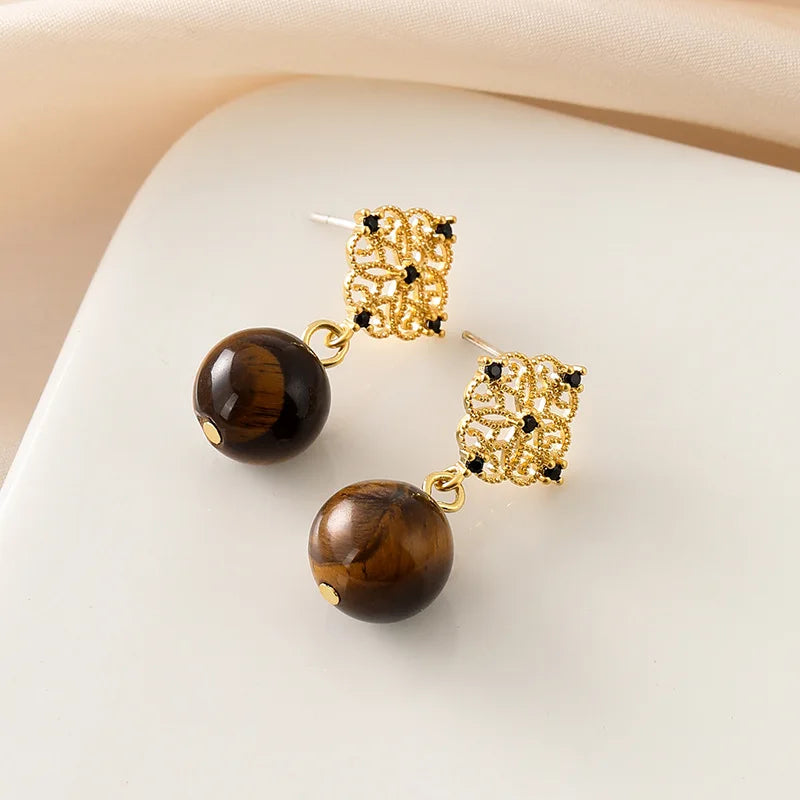 Vintage Luxury Gold Alloy Filigree Disc With Black Rhinestone Tiger Eye Bead Drop Stud & Clip On No Piercing Earrings