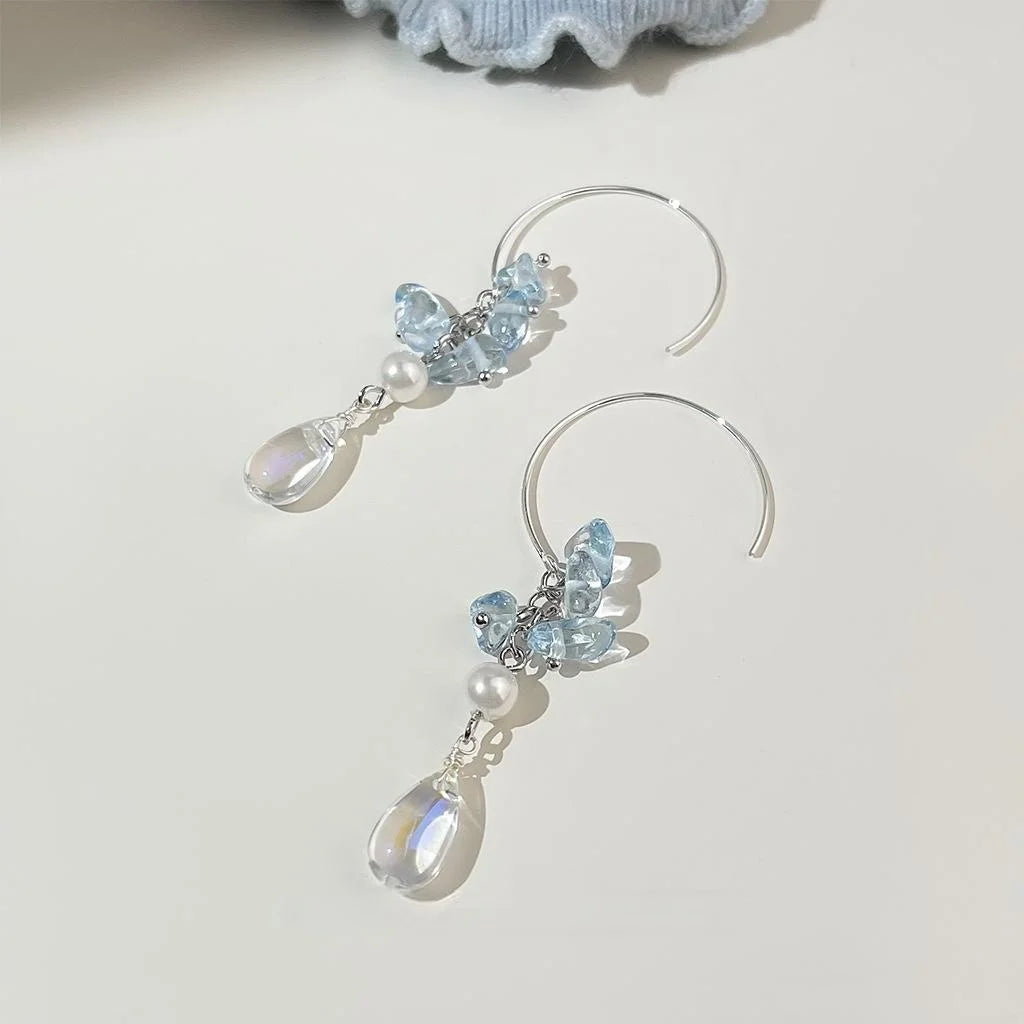 Fresh Summer Vacation Style Glass Crystal Teardrop Tassel Drop Earrings