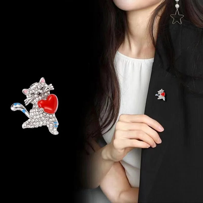 Cute Rhinestone Cat Hugging Red Heart Brooch, Gold Alloy Enamel Lapel Pin Corsage Gift For Women