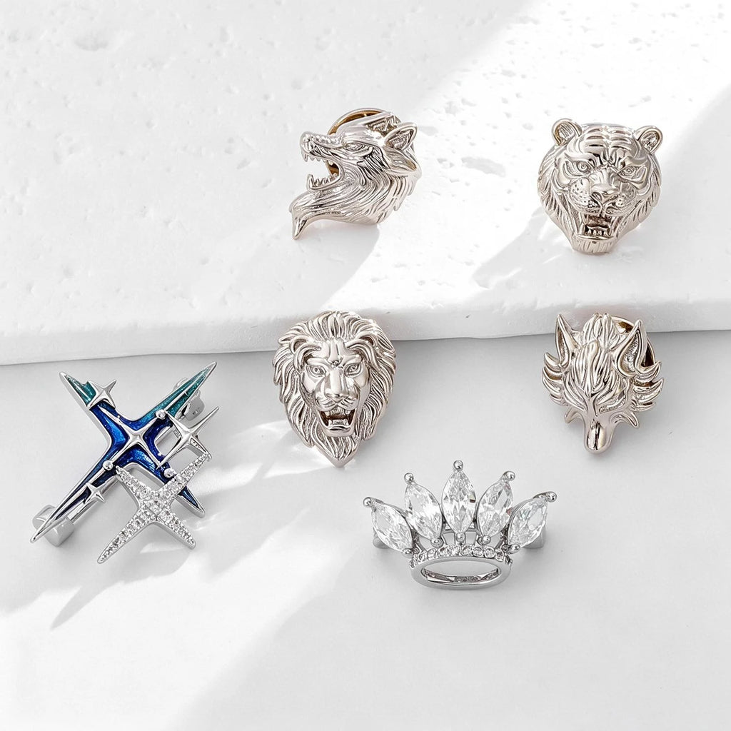 Luxury Copper Zircon Enamel Lion Tiger Wolf Head Brooch Hip Hop Lapel Pin Suit Accessory Gift