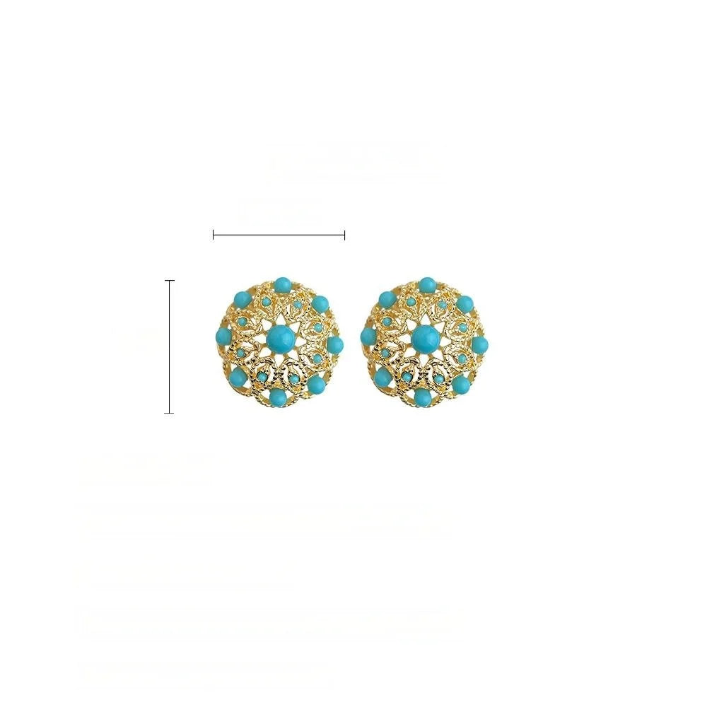 French Vintage Round Geometric Synthetic Turquoise Drop Earrings Heavy Craft Jewelry