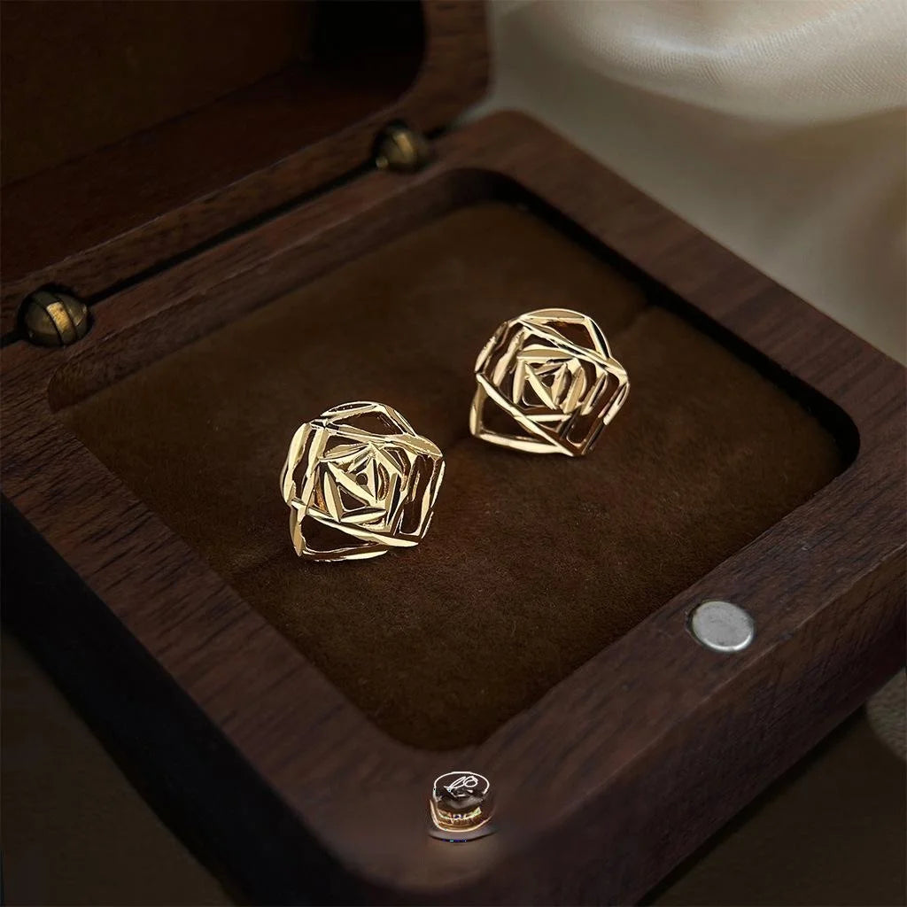 Light Luxury 14K Plated Copper Rose Flower Stud Earrings And Hollow Petal Design