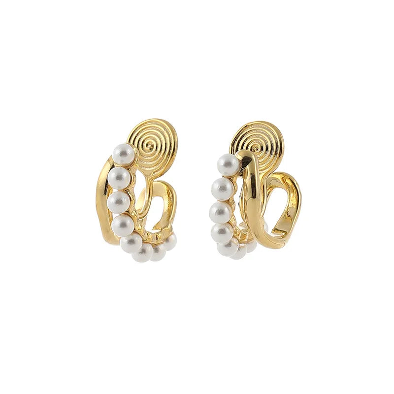 Elegant Geometric Pearl Hoop Ear Cuffs In Gold Alloy, Stud & Clip On No Piercing Everyday Earrings