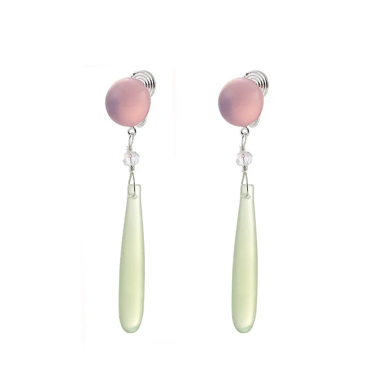 Elegant New Chinese Long Green Agate Teardrop Pink Chalcedony Alloy Stud & Clip On No Piercing Earrings